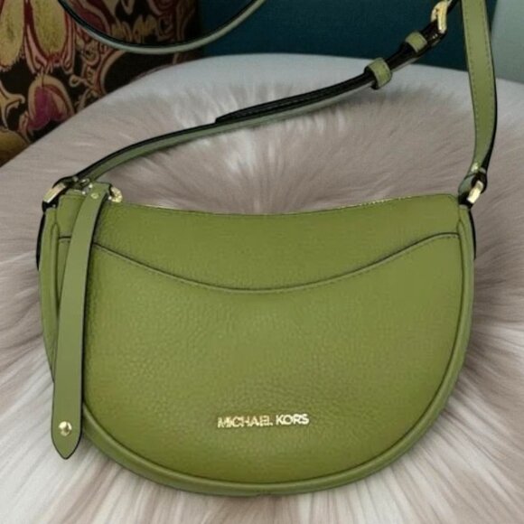Michael Kors Dover Small Mini Half-Moon Leather Crossbody Bag - Light Sage - Picture 1 of 15